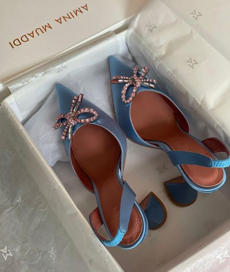 Amina Muaddi Blue Heels, Muaddi Shoes, Amina Muaddi Heels, Amina Muaddi Shoes, Fancy Heels, Shoes Heels Classy, Shoes World, Heels Classy, Amina Muaddi