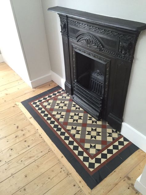 Fireplace Hearth Tiles, Victorian Fireplace Tiles, Tiles Fireplace, Hearth Tiles, Victorian Floor Tiles, Victorian Floor, Victorian Living Room, Black Fireplace, Victorian Fireplace