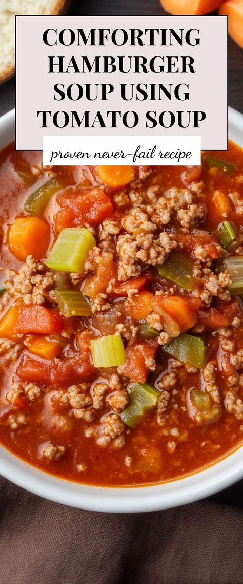 Image for Comforting Hamburger Soup Using Tomato Soup Hamburger Soup With Tomato Soup, Hamburger And Veggie Soup, Soup With Hamburger Meat, Vegetable Hamburger Soup, Hamburger Soup Recipes, Best Hamburger Soup Recipe, Hamburger Chili, Hamburger Hotdish, Hearty Hamburger Soup