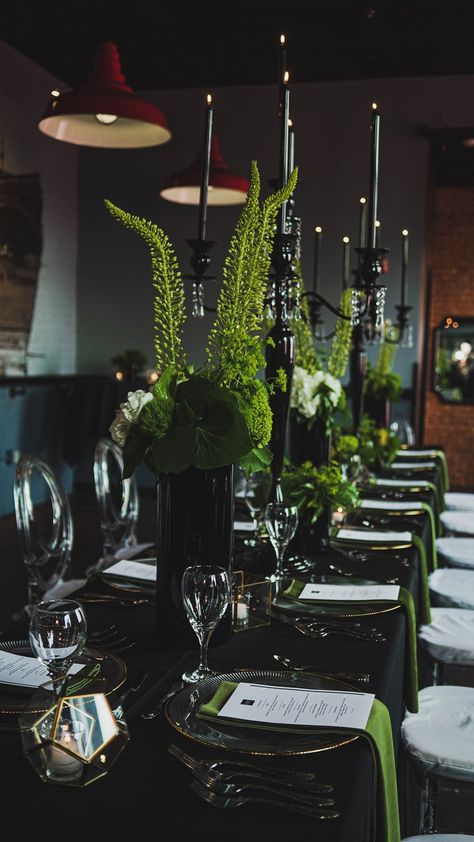 Black And Green Event Decor, Green Black And White Birthday Decorations, Black Cocktail Decor, Black Elegant Centerpieces, Modern Party Table Decor, Black Green Table Setting, Masculine Event Decor, Black 50th Birthday Party Ideas, Black And Green Reception Decor