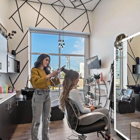 Salon Suite With Windows, 2 Person Salon Suite, Hairstylist Studio Ideas, Mini Hair Salon Ideas, Tiny Salon Ideas Small Spaces, Double Salon Suite, Hair Salon Set Up Ideas, Salon Suite Inspiration, Hairstylist Station Ideas