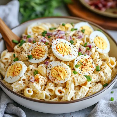 Easy Deviled Egg Pasta Salad Devilled Egg Pasta Salad, Deviled Egg Pasta Salad, Egg Pasta Salad, Chicken Cake, Deviled Eggs Easy, Deviled Eggs Classic, Egg Pasta, Deviled Egg, Crumbled Bacon