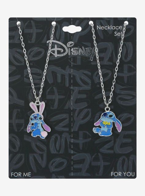 You and your bestie should hop on this matching necklace set ASAP! This necklace set features pendants of your favorite space pup  Stitch. One necklace has been rocking a bunny costume while the other has him hugging ducklings.18" + 3" extenderNickel-free alloySet of 2Imported Stitch Face Mask, Stitch Things, Stitch Items, Matching Hoodies For Couples, Stitch Stuff, Bff Jewelry, Stitch Jewelry, Best Friend Necklace, Things I Need To Buy