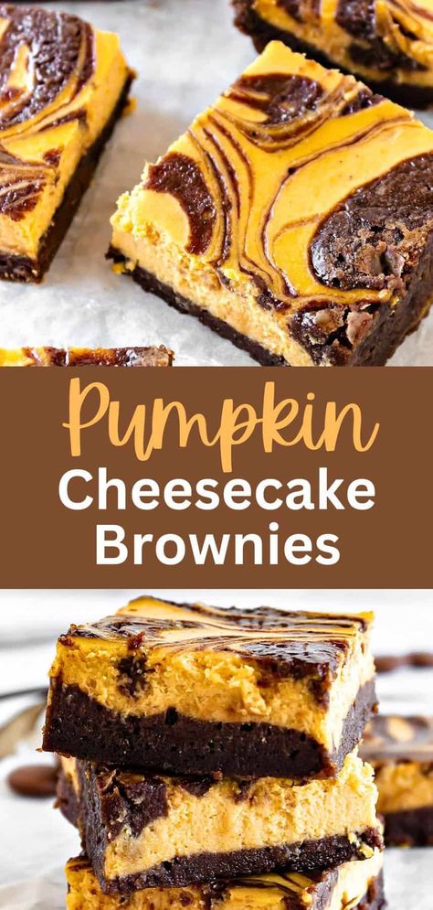 Eye-catching pumpkin brownies with a wonderful mix of spiced pumpkin and chocolate flavor, easy to make, and oh so fudgy! The chocolate batter is topped with a pumpkin cream cheese mixture and swirled to get a marbled effect and a scrumptious brownie bar. Chocolate And Pumpkin Recipes, Halloween Cream Cheese Swirl Brownies, Fall Brownie Recipes, Pumpkin Chocolate Bars, Brownie And Bar Recipes, Brownie Pumpkin Recipe, Pumpkin Cream Cheese Brownies, Pumpkin Fall Treats, Chocolate Pumpkin Brownies