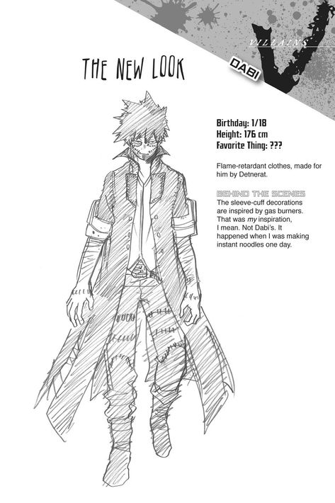 Dabi character design from bnha manga. Todoroki Touya, Toya Todoroki, Touya Todoroki, Tomura Shigaraki, Art Manga, My Hero Academia Memes, Buko No Hero Academia, My Hero Academia Episodes, Character Sheet