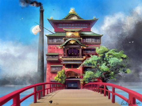 artist rendition of the bathhouse from spirited away Ghibli Houses, Japanese Bath House, Japan House, Anime House, Studio Ghibli Background, Chihiro Y Haku, Japanese Bath, Ghibli Artwork, Studio Ghibli Movies