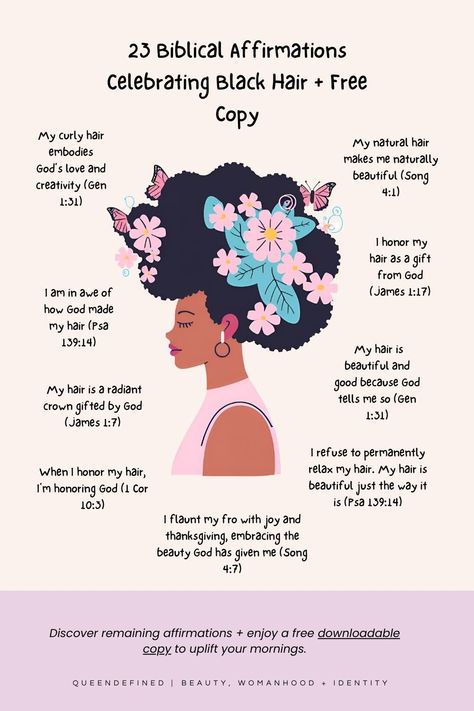 23 Uplifting Biblical Affirmations Celebrating Black Women’s Hair + Free Download — QUEENDEFINED Black Hair Affirmations, Natural Hair Affirmations, Biblical Self Care, Biblical Affirmations Women, Black Women Affirmations, Biblical Affirmations, Bible Reflection, Study Topics, Vision 2024