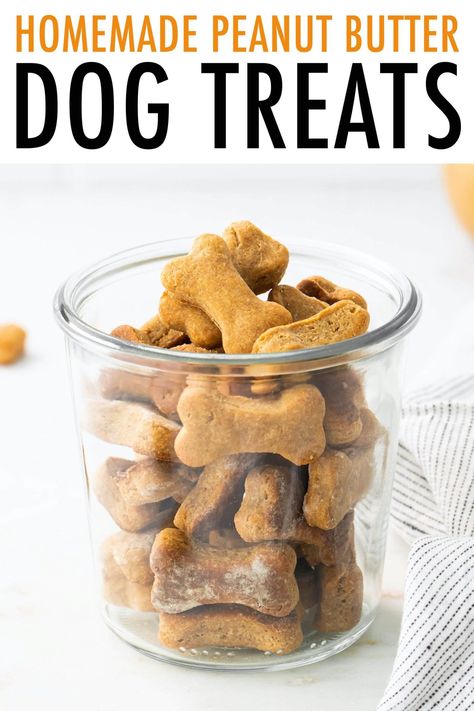 These homemade peanut butter dog treats are so easy and you only need four ingredients. Pups will love the peanut butter flavor! Homemade Peanut Butter Dog Treats Recipe, Making Dog Treats, Dog Treats Homemade Peanut Butter, Homemade Peanut Butter Dog Treats, Peanut Butter Recipes Easy, Homemade Dog Treat Recipes, Peanut Butter Dog Biscuits, Easy Biscuit Recipe, Dog Treats Homemade Easy