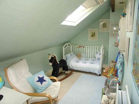 Attic nursery Attic Nursery Sloped Ceiling, Attic Nursery, Attic Conversions, House Magic, Dollhouse Nursery, Loft Conversions, Hidden Spaces, Small Attic, Attic Spaces