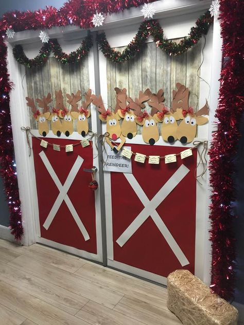 Christmas Decor Ideas North Pole, Office Santas Workshop Decorations, Rudolf Christmas Decorations, Santa's Workshop Classroom Door, North Pole Backdrop, North Pole Office Decor, Diy Reindeer Stable, North Pole Christmas Decor Office, Reindeer Stable Office Decorations