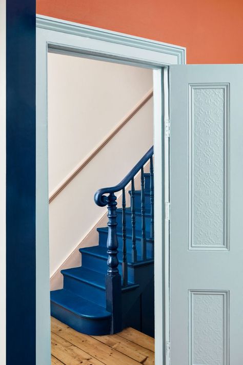 Colourful Hallway Ideas, Light Blue Hallway, Colourful Hallway, Mylands Paint, Dark Blue Paint Color, Blue Hallway, Headboard Projects, Navy Blue Paint, Hallway Paint