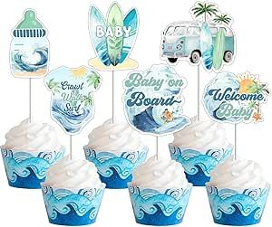 Wonmelody Surf Baby Shower Decorations 36PCS Baby On Board Cupcake Toppers Baby Shower Table Decor Baby On Board Baby Shower Decorations Welcome Baby Summer Beach Hawaiian Baby Shower Supplies Baby On Board Cake, Christening Table Decorations, Hawaiian Baby Shower, Baby Shower Table Decor, Shower Table Decor, Hawaiian Baby Showers, Surf Baby, Baby Shower Cake Decorations, Beach Baby Showers