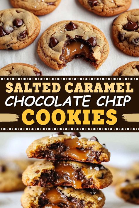 These salted caramel chocolate chip cookies combine the familiar comfort of your favorite classic treat with the indulgent flavors of caramel and sea salt. Gooey Salted Caramel Chocolate Chip Bars, Salted Caramel Mocha Cookies, Caramel Filled Chocolate Chip Cookies, Cookies With Salted Caramel Chips, Salted Caramel Espresso Cookies, Gooey Salted Caramel Chocolate Chip Cookie Bars, Caramel Chocolate Recipes, Caramel Filled Chocolate Cookies, Chocolate Chip Cookies With Caramel Bits