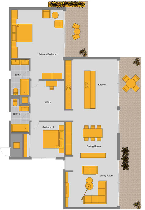 2D floor plan of a cargo container home with two bedrooms, two bathrooms, one office, and an open kitchen and living room concept. Shipping Container Store, 2d Floor Plan, Cargo Container Homes, Cargo Container, Open Concept Floor Plans, Container Home, Container House Design, Shipping Containers, Container Store