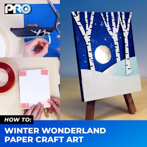 Photo of an artwork mounted on foam board. The artwork shows a winter scene, with snow on the ground in a small birch tree forest, and golden full moon, made out of several layers of thick cut-out paper to create an illusion of depth. Paper Winter Crafts, Winter Paper Crafts, Layered Paper Art, Snowy Forest, Art Winter, Christmas Classroom, Craft Art, Winter Scene, Paper Tape