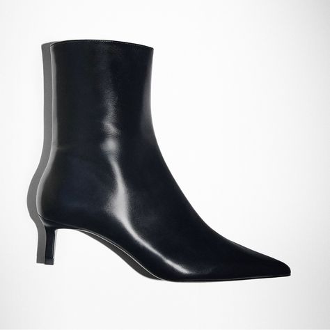 Black Pointed Toe Heeled Boots With Leather Lining, Pointed Toe Boots Outfit, Black Pointed Toe Heeled Boots With Leather Sole, Black Leather Pointed Toe Ankle Boots, Massimo Dutti Boots, Sleek Heeled Boots With Pointed Toe, Medium Width, Black Knee-high Boots With Sculpted Heel And Pointed Toe, Black Pointed Toe Boots With 4-inch Heel, Pointy Boots