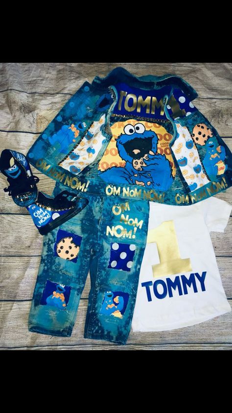 Cookie Monster Birthday Outfit, Cookie Monster Theme Party 1st Birthdays, Cookie Monster 1st Birthday Outfit, Cookie Monster 1st Birthday Decorations, Cookie Monster Birthday Shirt, Kid Birthday Outfits, Cookie Monster Birthday Party, Cookie Birthday Party, First Birthday Cookies