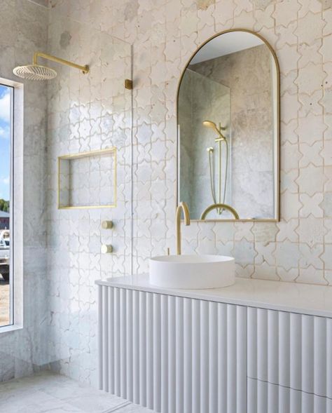 Antique and Encaustic Tiles on Instagram: “White Glossy Estrella looking very elegant and endearing @our.hillside.home. Super nice team work @abiinteriors @bendigowallandfloortiling…” Moroccan Tiles Bathroom, Star And Cross Tile, Cross Tile, Small Ensuite, Designer Tiles, Encaustic Tiles, Interior Tiles, Glazed Tiles, Feature Tiles