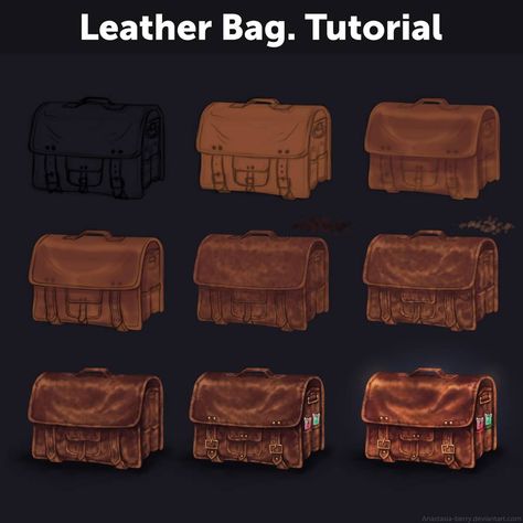 Leather Bag. Tutorial by https://www.deviantart.com/anastasia-berry on @DeviantArt Digital Art Reference, Paintings Dark, Leather Bag Tutorial, Draw Tutorial, Leather Tutorial, Concept Art Tutorial, Procreate Ipad Art, Digital Painting Techniques, Texture Drawing