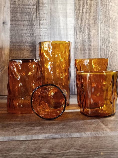 MCM Dark Amber, Crinkle, Driftwood Drinking Glasses, by Seneca, "Morgantown", Set Apartment Styling, Future Bedroom, Spatial Design, Retro Glasses, Apartment Style, Pretty Decor, Consignment Shops, Swirl Design, Yacht Club