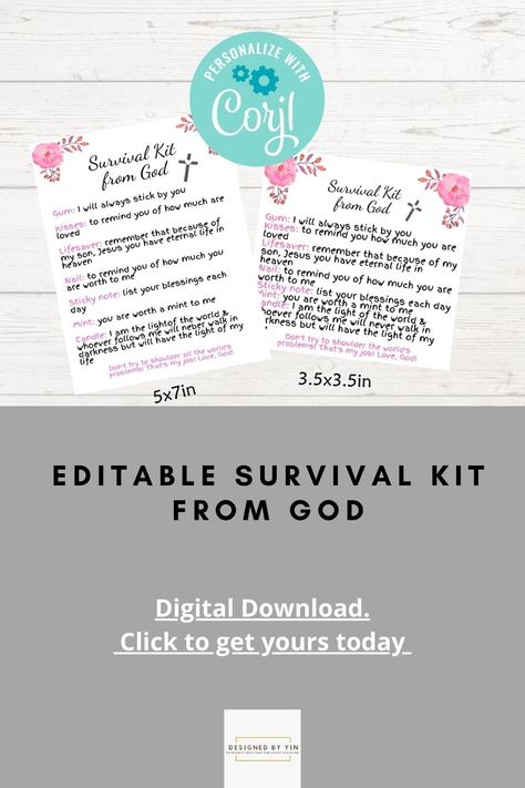 This editable printable survival kit from God can be gifted to almost anyone from your pastor's wife to your pastor, church minister, church leaders or a Christian friend who needs a reminder from God. #survivalkitfromgod #christiangifts #godsurvivalkit #Printablesurvivalkit #pastorgift #biblestudygift #christianleadergift #womensgroupgift #secretsistergift Survival Kit From God, Kit Gift Ideas, Christian Retreat, Survival Kit Gifts, Secret Sister Gifts, Bible Study Gifts, Pastor's Wife, Pastors Wife, Gifts For Pastors