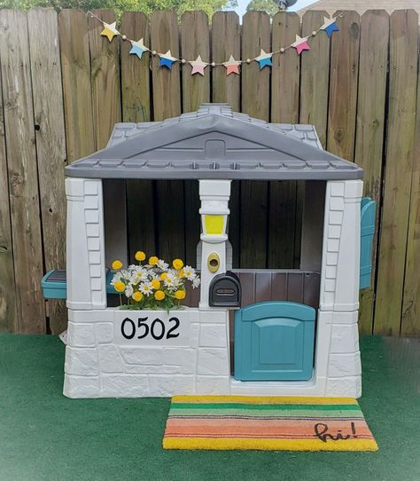 Plastic Playhouse Makeover, Ikea Kids Playroom, Kids Playroom Ideas Basement, Plastic Playhouse, Playhouse Makeover, Diy Kids Playground, Backyard Kids, Backyard Kids Play Area, Diy Playhouse