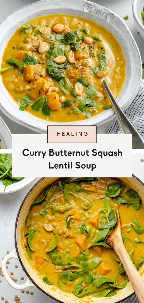 Butternut Squash Lentil Soup, Squash Lentil Soup, Butternut Squash Lentil, Paleo Chicken Soup, Butternut Squash Spinach, Butternut Squash Curry, Roasted Tomato Basil Soup, Ambitious Kitchen, Soup Vegan