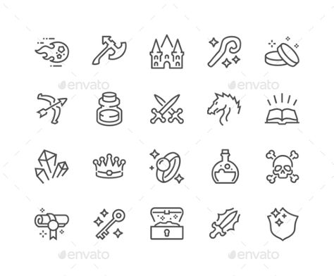 Line Fantasy Icons Battle Chess, Dragon Magic, Stick Poke Tattoo, Golden Coins, Dragon Icon, Map Icons, Magic Tattoo, Vector Line, Stick And Poke