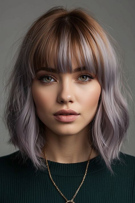 Bob With Colored Tips, Short Fashion Color Hair, Lob Haircuts With Bangs, Hair Dye Ideas For Blondes, Hair Bob With Bangs, Lob Haircut With Bangs, Textured Bob Hairstyles, Women Haircut, Lob Haircuts