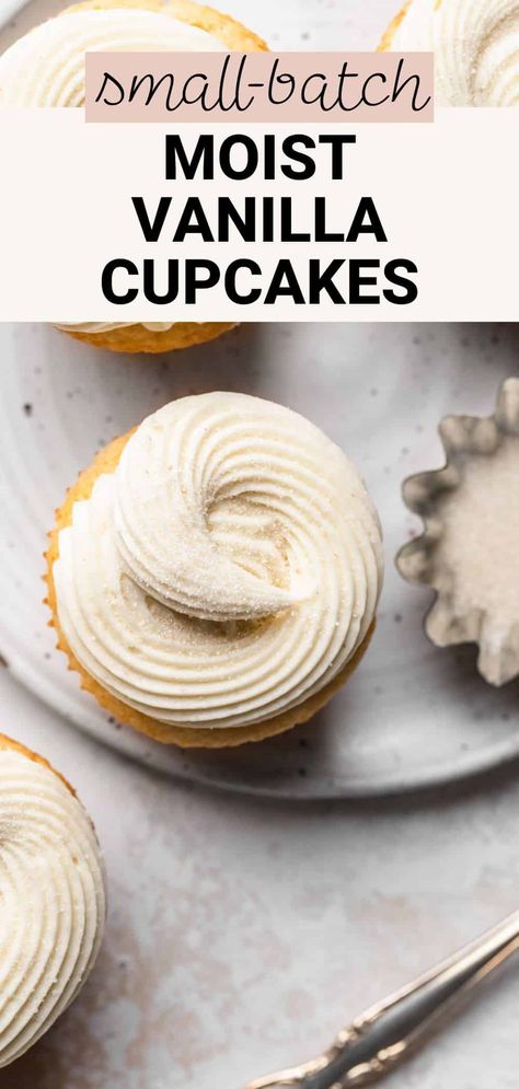 These small batch vanilla cupcakes are light and fluffy, topped with silky cream cheese frosting. This recipe makes 6 cupcakes, perfect for a small birthday party or other celebration. Cupcakes Small Batch, Small Batch Vanilla Cupcakes, Small Batch Cupcakes, Moist Vanilla Cupcakes, Fluffy Cupcakes, Small Birthday Parties, Strawberry Vanilla Cake, Blueberry Compote, Cupcakes With Cream Cheese Frosting