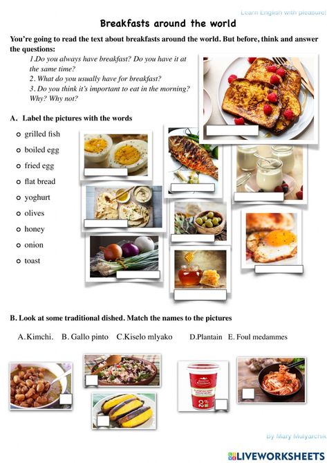 Food Around The World Activities, Food Around The World Worksheet, Food Partitives Worksheet, Breakfast From Different Countries, Reading About Food Worksheet, Breakfast Around The World, Full English Breakfast, Homeschool Preschool Activities, National Dish