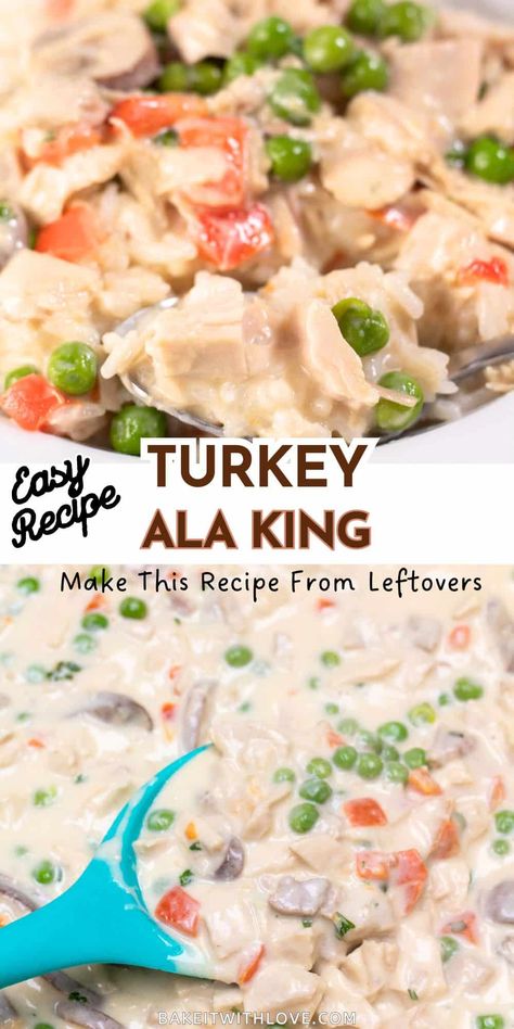 Leftover turkey a la king offers a much-needed break away from the standard leftover meals after a holiday turkey dinner. Turkey a la King (also known as King-style Turkey) is a super quick skillet dinner that is full of turkey, mushrooms, red bell pepper, and peas. It's a long-time family favorite recipe we look forward to every year! BakeItWithLove.com #bakeitwithlove #turkey #leftovers #recipe #dinner #thanksgiving After Thanksgiving Meals, Thanksgiving Turkey Leftover Recipes, Turkey Al A King Recipes, Turkey A La King Recipes, What To Make With Leftover Turkey, Turkey Ala King Recipe, Turkey A La King, Leftover Turkey Recipes Easy Casserole, Leftover Turkey Dinner Casserole