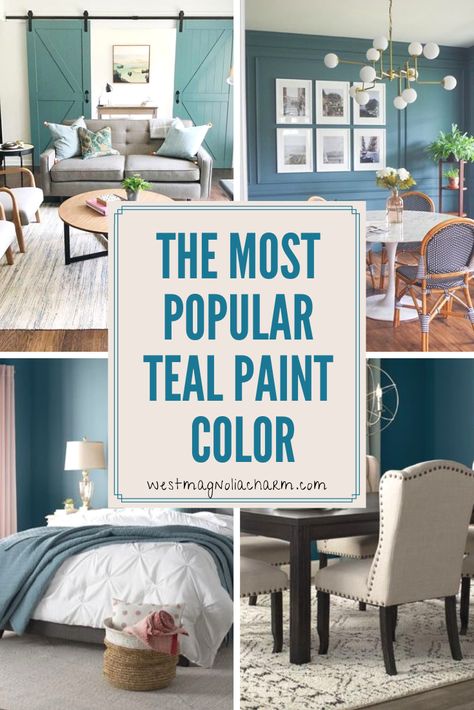 The Best Teal Paint Color -Riverway SW 6222 - West Magnolia Charm Rooms With Teal Accents, Turquoise Painted Kitchen Cabinets, Teal Blue Paint Colors Accent Walls, Perfect Teal Paint Color, Farmhouse Teal Paint, Antique Teal Paint Color, Sherwin Williams Riverway Bedrooms, Barn Door In Living Room, Sw Riverway Cabinets