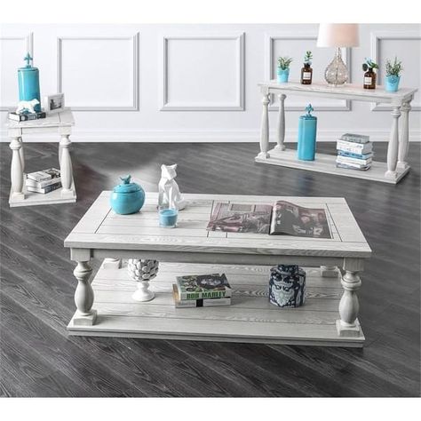 Wooden Coffee Table With Bottom Shelf in Antique White Finish - On Sale - Bed Bath & Beyond - 34345869 White Painted Coffee Table, White Rustic Coffee Table, Antique White Coffee Table, Farmhouse Coffee Tables, Painted Coffee Table, Traditional Coffee Table, White Coffee Table, Rustic Coffee Tables, Solid Wood Coffee Table