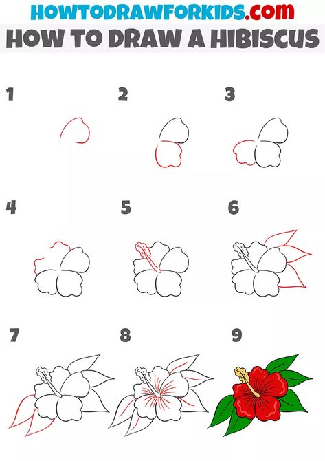 Hibiscus Drawing Tutorial, Drawing A Flower Step By Step, Painting Of Hibiscus Flower, How To Draw Lotus Step By Step, How To Draw A Hibiscus Flower Easy, Tropical Flowers Drawing Step By Step, Hawaiian Flowers Drawing Step By Step, Hibiscus Flower Doodle, How To Draw A Hawaiian Flower