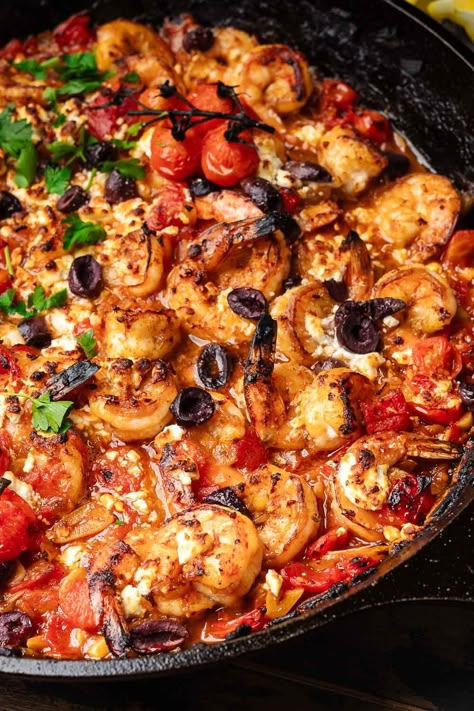 Shrimp Recipes Healthy Easy Mediterranean Dishes, Shrimp Feta Tomato Bake, Best Shrimp Dinner Recipes, Easy Healthy Dinner Shrimp, Greek Scallops, Mediterranean Prawn Recipes, Shrimp Saganaki With Feta, Greek Shrimp With Orzo And Feta, Shrimp And Eggplant Recipes