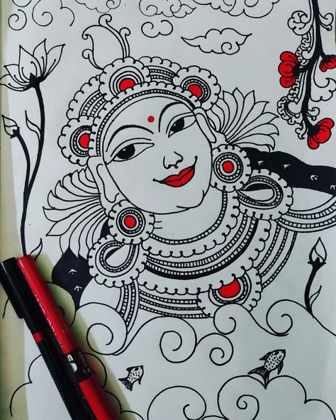 Kerala Mural Painting Sketch, Simple Kerala Mural Painting Sketch, Om Deva Deva, Mural Sketch, Kerala Mural Art, Silk Painting Ideas, Army Drawing, Mural Simple, Mural Paintings