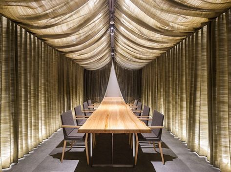 kengo kuma transforms japanese nursing home into the WE hotel toya using fabric and wood Fabric Architecture, Food Area, Fabric Ceiling, Kengo Kuma, Hokkaido Japan, Cypress Wood, Stables Design, Timber Furniture, Hotel Project