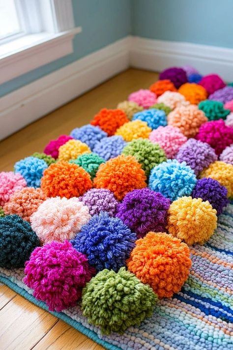 "Transform your space with the fun and texture of a DIY Fabric Pom Pom Rug! 🧶🛏️ Ideal for adding a unique, handmade touch to your decor. 🌿✨ #DIYHomeDecor #PomPomCrafts #RugDesign" Diy Pom Pom Rug, Pom Pom Rug, Diy Pom Pom, Pom Pom Crafts, Diy Fabric, Girl's Room, Rug Design, Diy Home Decor, Pom Pom