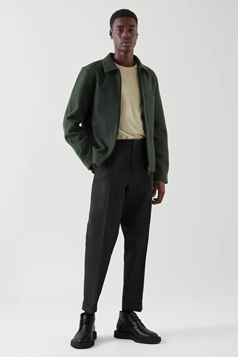 MERINO WOOL HARRINGTON JACKET - DARK GREEN - Jackets - COS PT Green Jacket Men Outfits, Mens Green Jacket Outfit, Aesthetic Jackets Men, Dark Green Jacket Outfit Men, Dark Green Outfit Men, Olive Green Denim Jacket Outfit Men, Green Jacket Outfit Men, Harrington Jacket Outfit, Mens Olive Green Jacket