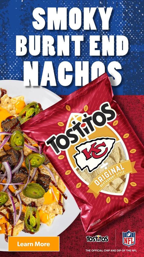 Grab the Tostitos Chiefs Team Bags today and make the epic Smoky Burnt End Nachos for game day! Peanut Butter Cake Mix Cookies, Camping Cots, Christmas Party Costume, Grilled Desserts, Cheddar Cheese Sauce, Burnt Ends, Dips And Appetizers, Best Appetizer, Peanut Butter Cake