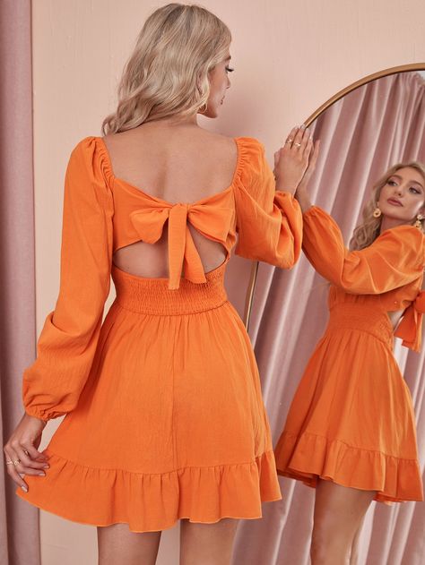 Neon Orange Tie Back Shirred Waist Ruffle Hem Dress Orange Short Dress Outfit, Orange Short Dresses, Orange Fashion Aesthetic, Orange Ruffle Dress, Short Orange Dress, Orange Summer Dress, Yellow Boho Dress, Dress Shorts Outfit, Orange Dress Summer