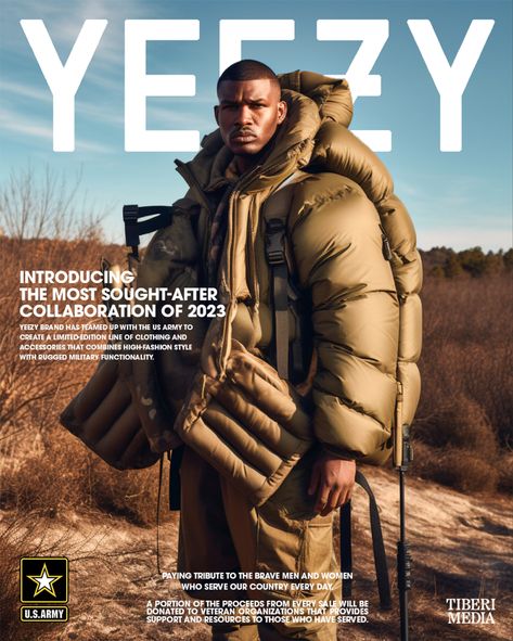 Male model wearing new Yeezy US Army collection collaboration created in Midjourney AI Yeezy Campaign, Poster Design Challenge, Banner Graphic Design, Yeezy Brand, Banner Graphic, Fashion Poster Design, Blog Titles, Cover Magazine, Fashion Moodboard