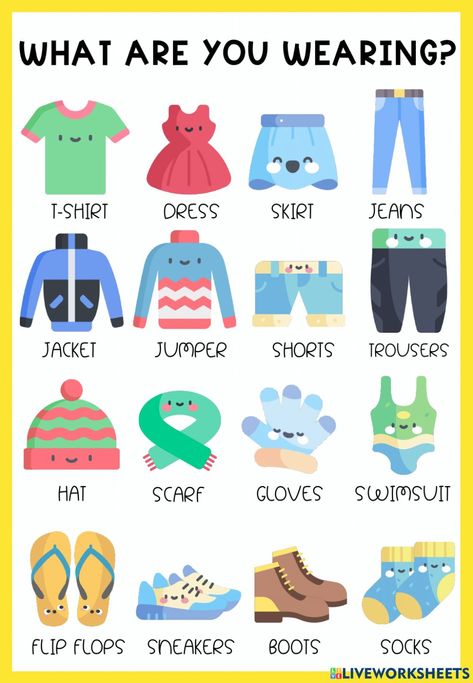 English Learning Materials, Clothes In English Vocabulary, Clothes Study For Preschoolers, Clothes Flashcards, Vocabulary Clothes, Preschool Charts, Reading Comprehension Lessons, Toddler Homeschool, Learning English For Kids