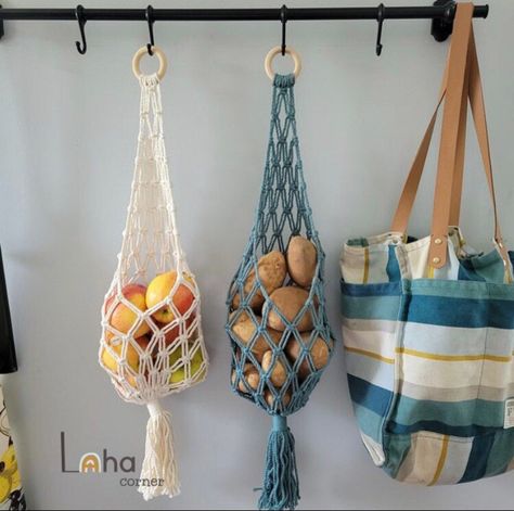 Fruit Hanger, Hanging Baskets Kitchen, Hanging Fruit Basket, Cortinas Boho, Onion Storage, Rope Plant Hanger, Banana Holder, Hanging Fruit Baskets, Vegetable Bag