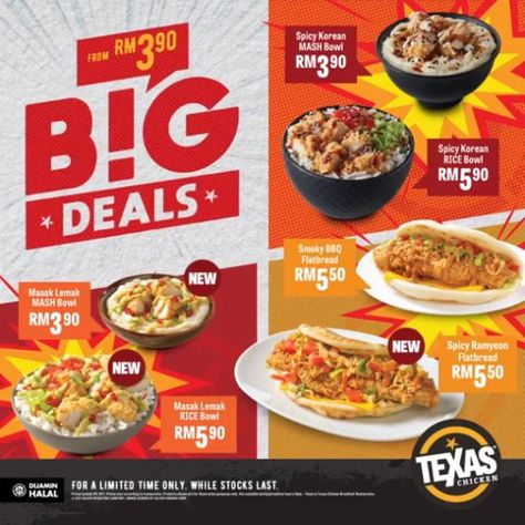 Bbq Flatbread, Chicken Big, Korean Rice Bowl, Texas Chicken, Pizza Twists, Food Deals, Menu Design Inspiration, Chicken Menu, Chicken Design