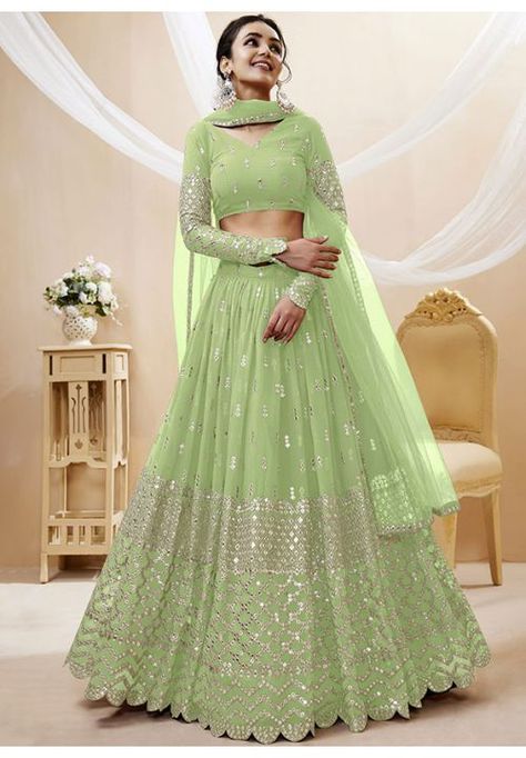 Pistachio Green Embroidered Georgette Lehenga Choli Pista Colour, Pista Green Colour, Sequin Lehenga, Green Lehenga Choli, Engagement Lehenga, Bridesmaid Lehenga, Sangeet Outfit, Pista Green, Georgette Lehenga