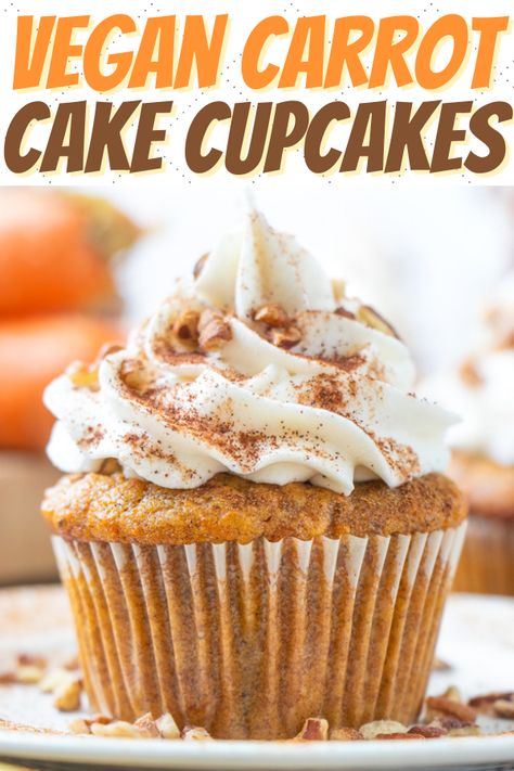 These delicious vegan carrot cake cupcakes are filled with pecans and warm spices, and topped with a creamy vanilla buttercream frosting! #vegancarrotcake #vegancarrotcakecupcakes #vegancupcakes #vegancakerecipes #vegandesserts Vegan Carrot Cupcake Recipe, Easy Carrot Cake Cupcakes, Vegan Carrot Cake Muffins, Vegan Carrot Cake Cupcakes, Carrot Cupcake Recipe, Vegan Carrot Cake Recipe, Dairy Free Buttercream, Vegan Buttercream Frosting, Vegan Carrot Cake