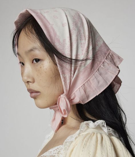 Aesthetic Head Scarf, Pink Head Scarf Outfit, Pink Headscarf Outfit, Scarf On Head Aesthetic, Sandy Liang Aesthetic, Pink Hair Scarf, Sandy Liang Scrunchie, Sandy Liang Flower Scrunchie, Head Scarf Outfit