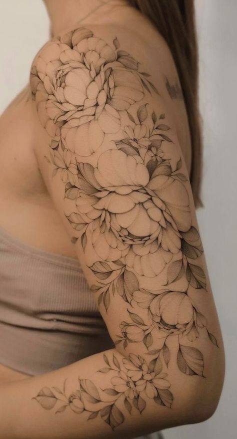 Flowers Wrapped Around Arm Tattoo Color, Female Half Leg Sleeve Tattoo, Fine Line Realism Tattoo Sleeve, Peony And Hibiscus Tattoo, Creative Fine Line Tattoos, Redbone Tattoo, Feminine Half Sleeve Tattoo Forearm, Upper Arm Flower Tattoos For Women, Flower Half Sleeve Tattoos For Women